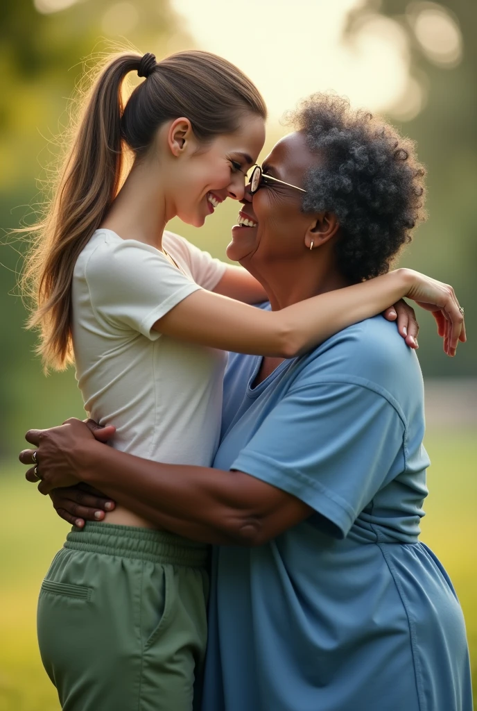 Create a photo of a 30 year old young woman, with long light brown hair tied in a ponytail with a lock of hair over her face, slender and beautiful body, wearing green sweatpants and an open white shirt without a bra with bare breasts, with white and clear skin, is facing the camera being hugged and lifted high into the air by an elderly black lady, dark-skinned, obese, did, lowrise, with short hair who is wearing a blue dress and glasses