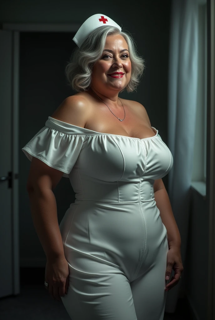 Overweight overweight 60 year old American aged women wearing bikini babydoll dress with mini jeans pent.with brown lipstick white gloves and white hairs looking so hot while posing inside her room no glasses