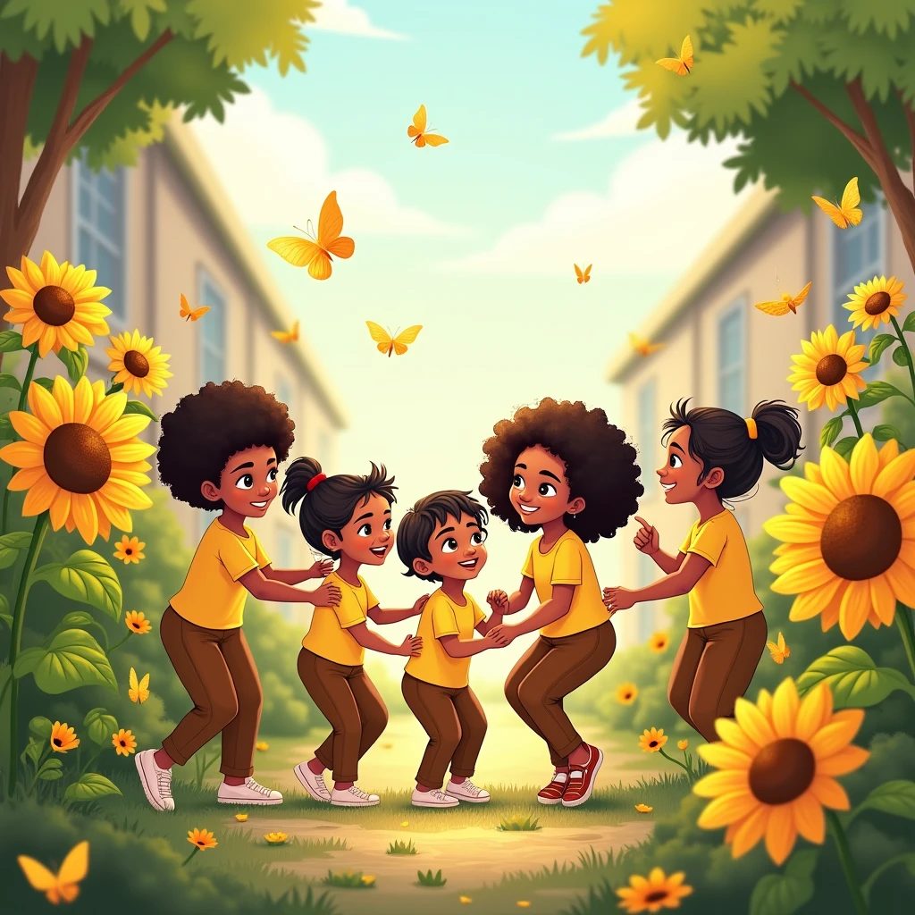 vectors, sunflowers, white girls, Dominican children, medium and small, long brown pants, yellow shirt, school, yellow butterflies