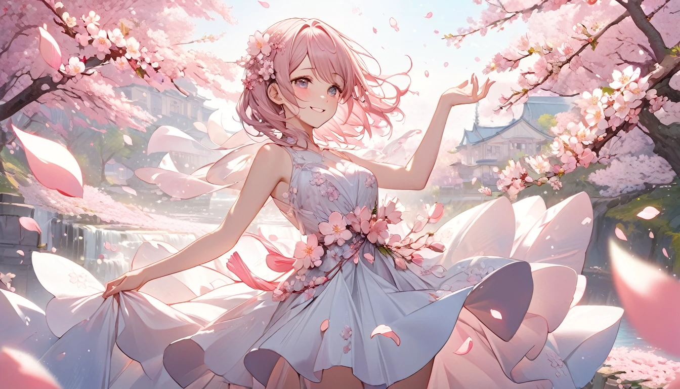 **384. One person。Personification of cherry blossom petals。A symbol of transience and beauty。Cowboy shot or close-up。  
masterpiece, best quality, ultra detailed (Detailed fingers), (Emotional), (Breathtakingly beautiful),  
(main part: 1.2 Whole body。), (Anime Style), (Very detailed), (Personification of cherry blossom petals),  
(超High resolution, High resolution), (8k), (High resolution: 1.2), (Complex and beautiful: 1.2)**
- background: Spring scenery with cherry blossoms falling、Pale pink petals float on the wind。
- character: Young woman, around 1、Wearing an elegant dress designed to resemble cherry blossom petals。
-pose: An elegant pose, like cherry blossom petals dancing in the wind。
-expression: A fleeting but beautiful smile、Happy expressions of spring。
- Effects: The dress flew up with the petals、The scent of spring wafts around you。
-color: Pale pink and white、Gentle colors that symbolize spring。
