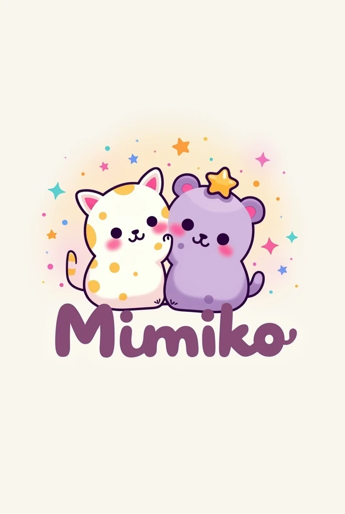 A kawaii logo for social media of a white cat with yellow spots and a purple bear with a star over its head. Logo brand stationery and kawaii illustration. Brand name mimiko. Various logo options