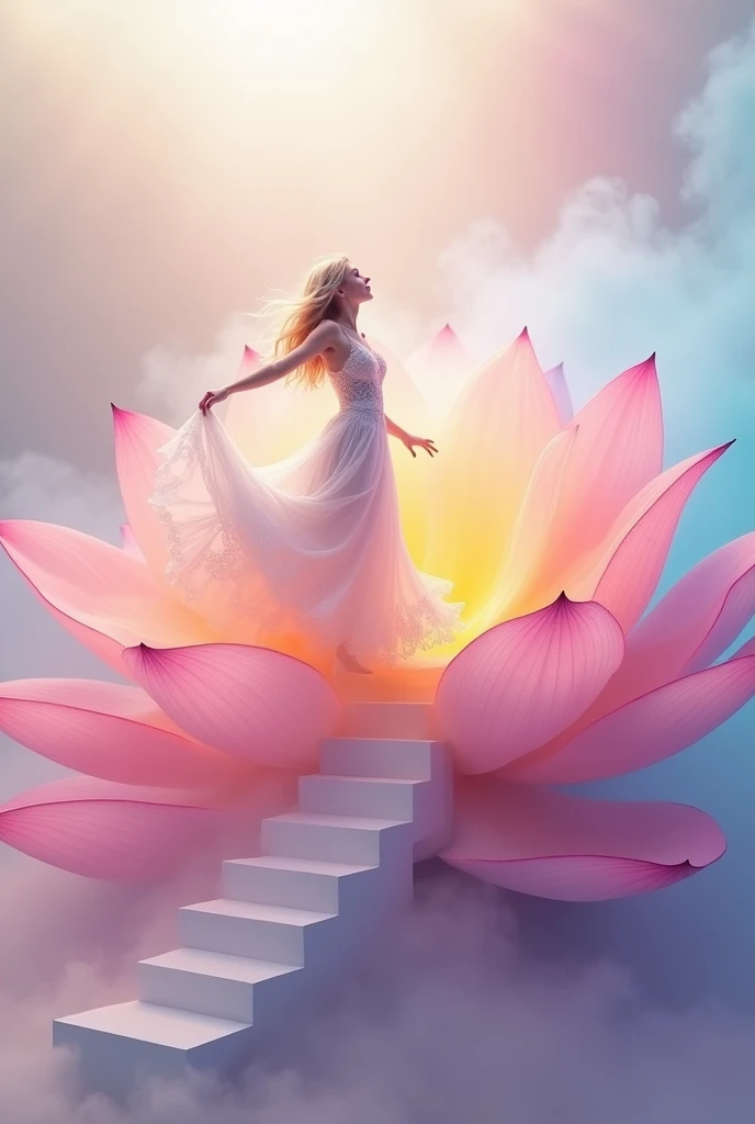 running on clouds, background color pale lilac pink in the distance from the fog around and at the feet, minimalist, elegant, pure gentle, soft rainbow light, photorealistic. Giant Rainbow Lotus , with huge and long rainbow petals. (petal made of thin and soft tulle, flowing petals full background, floating petals, hyperflying petals, at the feet A mix of rainbow smoke and fog effects from colored rainbow fog on the ground and petals). Extravagant, beautiful woman full length, nice legs,shoes, in a fast dance in a flying pose, (Ultra detailed face, hyperrealistic) позирую Giant Rainbow Lotus , center of rainbow in photo, woman looking at viewer, разрешение 8 K, masterpiece, top quality, the skirt flutters strongly in the wind,Tyndall phenomenon,white staircase to heaven, beautiful blonde, Best quality, super detailed, valid,professional,white fluffy lace wedding dress, extravagant development, lots of lace on the dress, Rows of pale pink and violet rays, cloud, light multi-colored fog,White minimalist, partial reflection,Desktop wallpaper,Love is light, 8 K,12K,