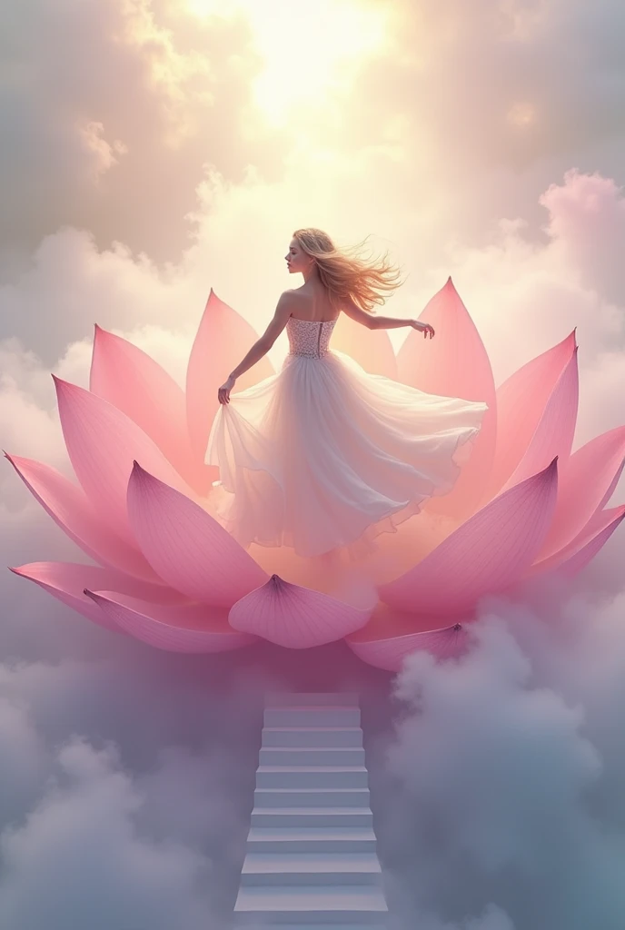 running on clouds, background color pale lilac pink in the distance from the fog around and at the feet, minimalist, elegant, pure gentle, soft rainbow light, photorealistic. Giant Rainbow Lotus , with huge and long rainbow petals. (petal made of thin and soft tulle, flowing petals full background, floating petals, hyperflying petals, at the feet A mix of rainbow smoke and fog effects from colored rainbow fog on the ground and petals). Extravagant, beautiful woman full length, nice legs,shoes, in a fast dance in a flying pose, (Ultra detailed face, hyperrealistic) позирую Giant Rainbow Lotus , center of rainbow in photo, woman looking at viewer, разрешение 8 K, masterpiece, top quality, the skirt flutters strongly in the wind,Tyndall phenomenon,white staircase to heaven, beautiful blonde, Best quality, super detailed, valid,professional,white fluffy lace wedding dress, extravagant development, lots of lace on the dress, Rows of pale pink and violet rays, cloud, light multi-colored fog,White minimalist, partial reflection,Desktop wallpaper,Love is light, 8 K,12K,