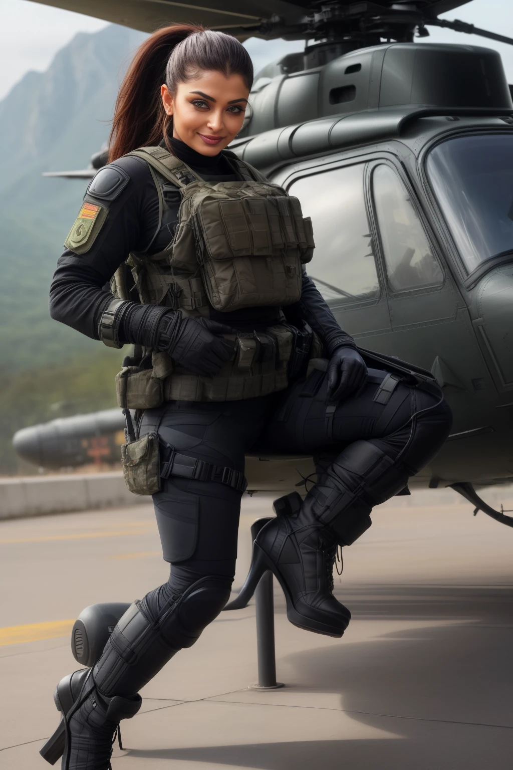 Full body photo of 50YO MATURE MILF AISHWARYA RAI as BIMBO ARMY COMMANDO, ((BLACK COMMANDO GEAR, HIGH HEELS, COMBAT GLOVES, KNEEPADS)), CAMO PLATE CARRIER RIG, intricate details, POSING next to army helicopter, ((FLIRTATIOUS MOCKING SMILE)), ((PONYTAIL HAIR)), day scene, mature hourglass figure, look straight at camera, sexy 50 yo mature MILF, soft volumetric lights, intricate details, (ArtStation:1.2)