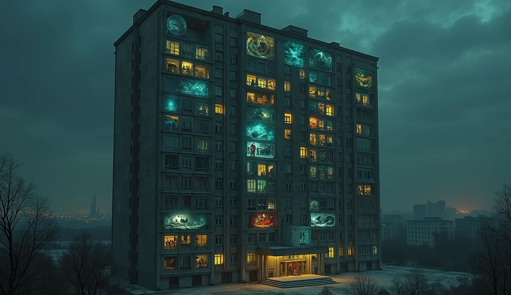 A 14-storey Russian panel house, in each window of which you can see different worlds, a mystical atmosphere, a Lovecraftian atmosphere, at night, realistic