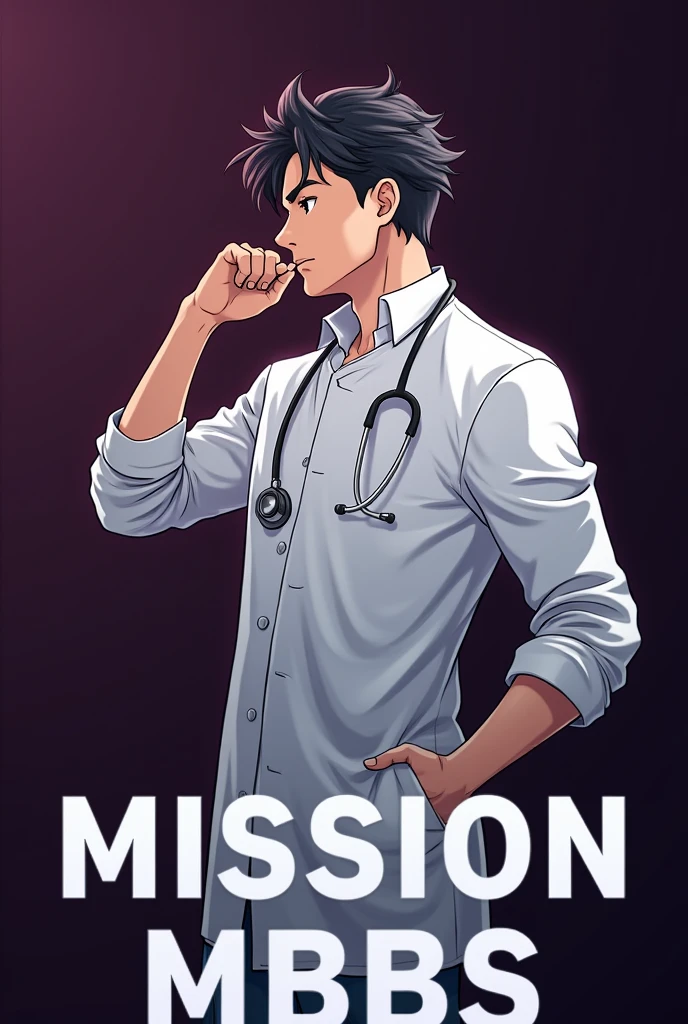 wallpaper
Doctor anime model(male) backside holding a stethoscope in one hand which is not in pocket and other hand in the pocket wearing full sleeve white doctor apron. Must write "Mission MBBS" at bottom with bold leter. Motivations for exam to be a doctor.no light background use deep colour