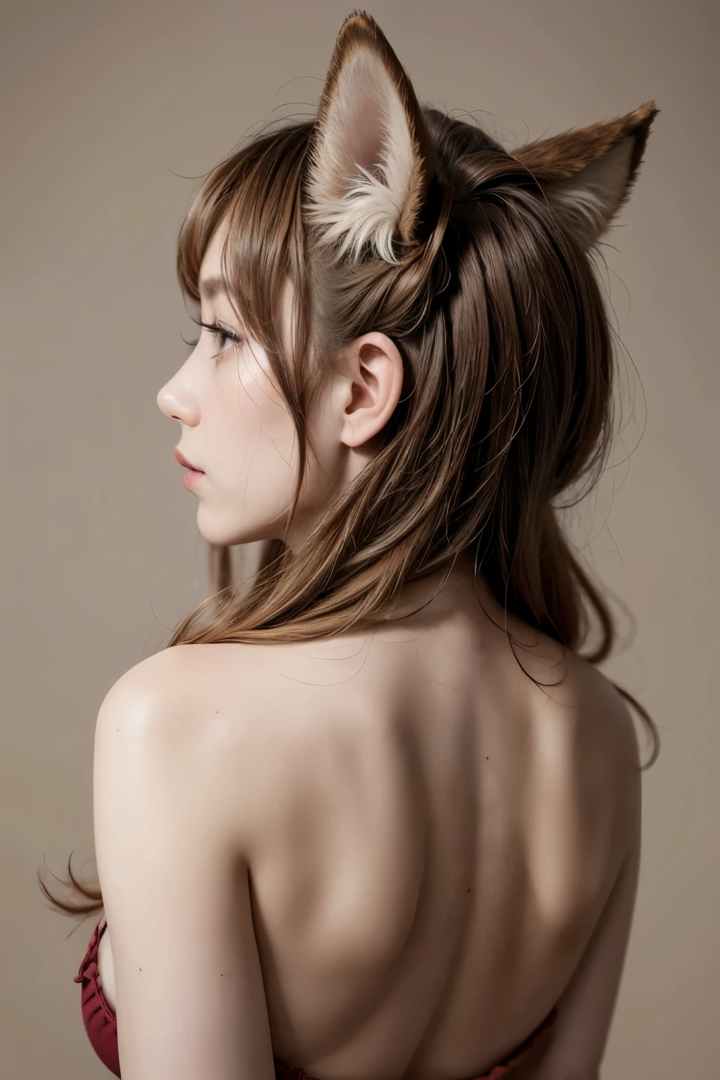 1 , high resolution, breastsout, chestnut hair, simple background, animal ears, hypdertailed, language, rear view, 