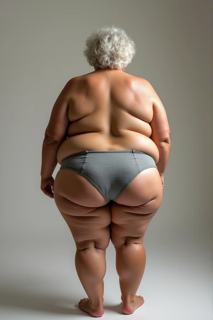 Back view chubby 75 grandmother full body with big ass wears gray thong with open legs