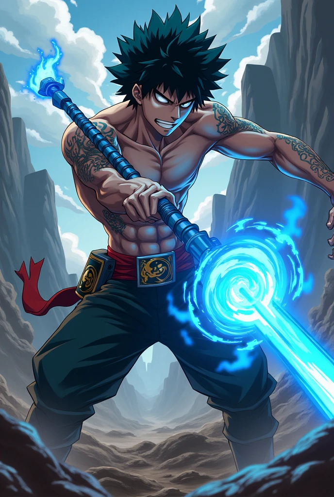 Dabi mha avec lance bleue anime my hero academia . pointe la lance devant . il a la position d'un soldat qui Envoi sa lance pour transpercé un ennemi. il ne porte pas de haut. cheveux noire .
dans sa main gauche il a un boule de feu bleu et dans sa main droite la lance