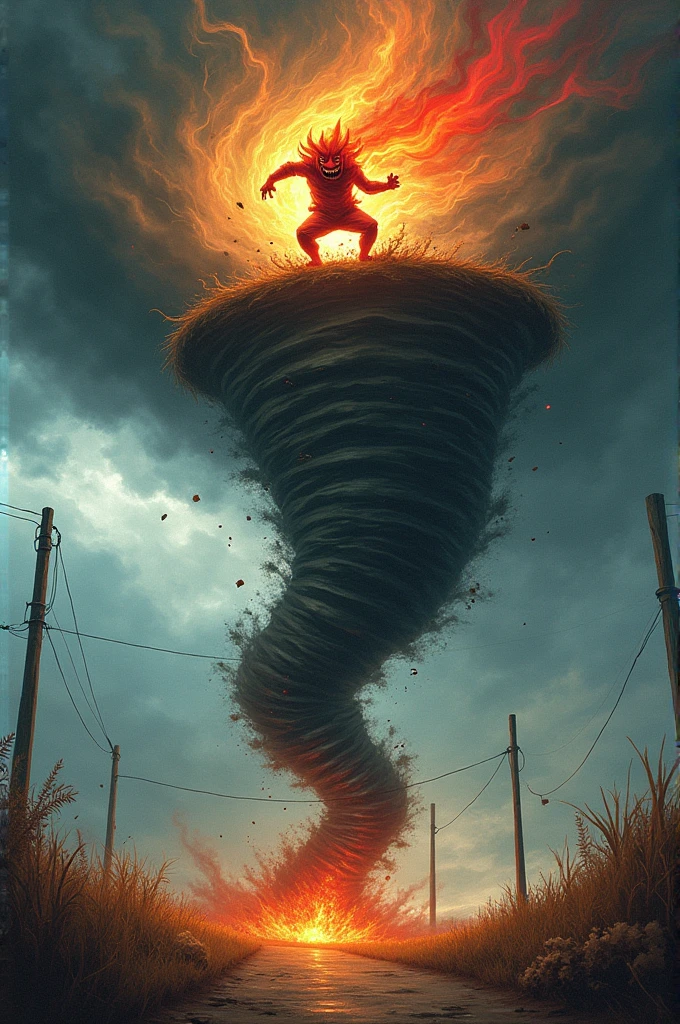 make a drawing in which there is a tornado and at its peak anger comes out playfully