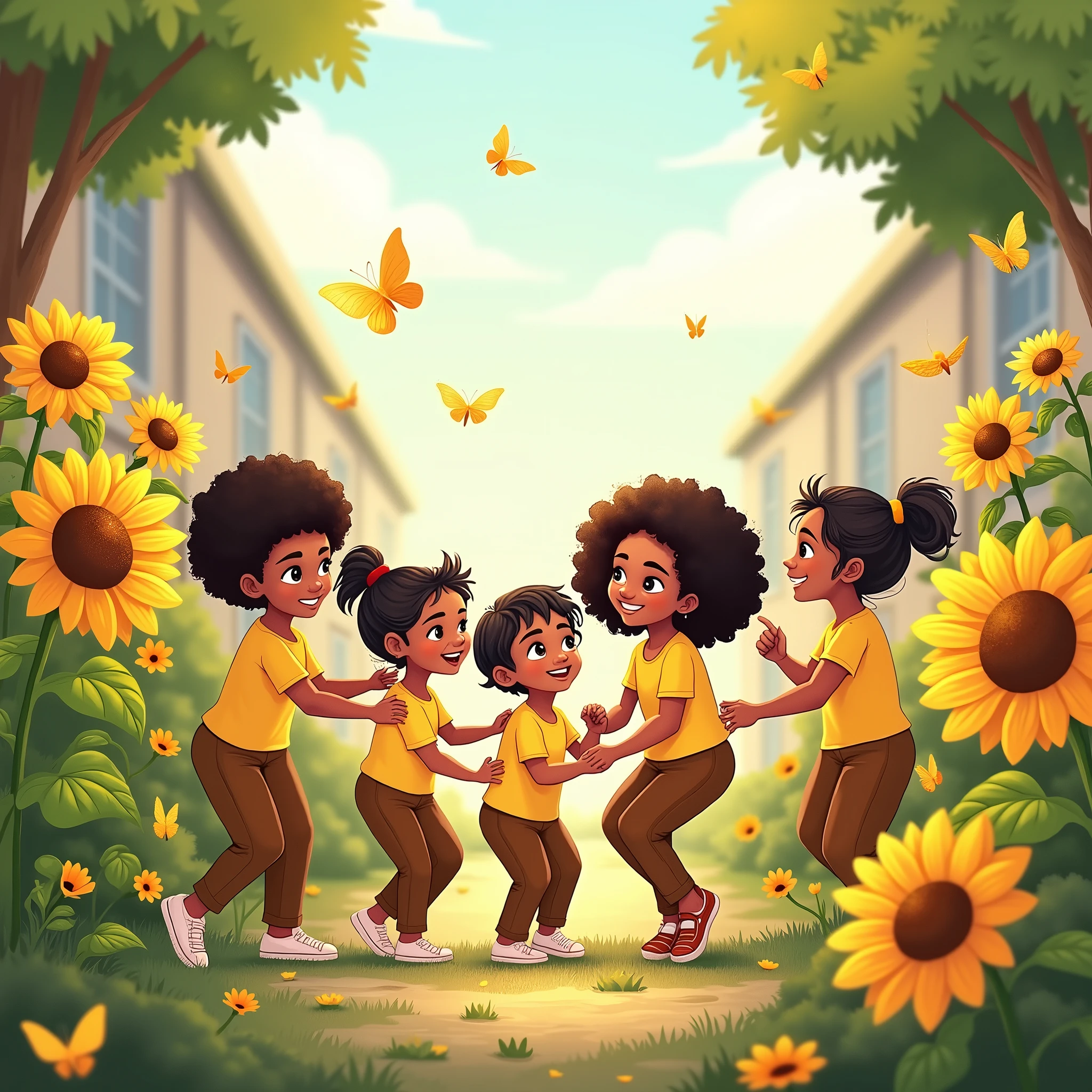 vectors, sunflowers, white girls, Dominican children, medium and small, long brown pants, yellow shirt, school, yellow butterflies