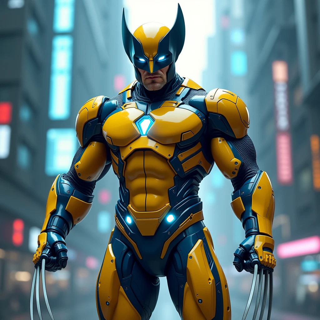 (Wolverine in a new Iron Man-inspired suit:1.4), (futuristic armor with a sleek, modern design:1.4), (suit in Wolverine's classic colors: yellow and blue:1.4), (claws integrated into the suit’s gauntlets:1.4), (armor featuring sharp, angular lines and high-tech details:1.3), (visor-style helmet with a streamlined, tech-enhanced look:1.4), (glowing elements on the chest and limbs:1.3), (dynamic action pose with claws extended:1.4), (background with high-tech cityscape and glowing holograms:1.3), (highly detailed and vibrant with a sci-fi aesthetic:1.4)