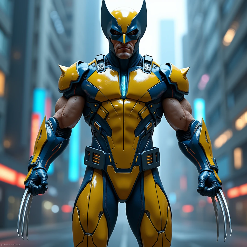 (Wolverine in a new Iron Man-inspired suit:1.4), (futuristic armor with a sleek, modern design:1.4), (suit in Wolverine's classic colors: yellow and blue:1.4), (claws integrated into the suit’s gauntlets:1.4), (armor featuring sharp, angular lines and high-tech details:1.3), (visor-style helmet with a streamlined, tech-enhanced look:1.4), (glowing elements on the chest and limbs:1.3), (dynamic action pose with claws extended:1.4), (background with high-tech cityscape and glowing holograms:1.3), (highly detailed and vibrant with a sci-fi aesthetic:1.4)