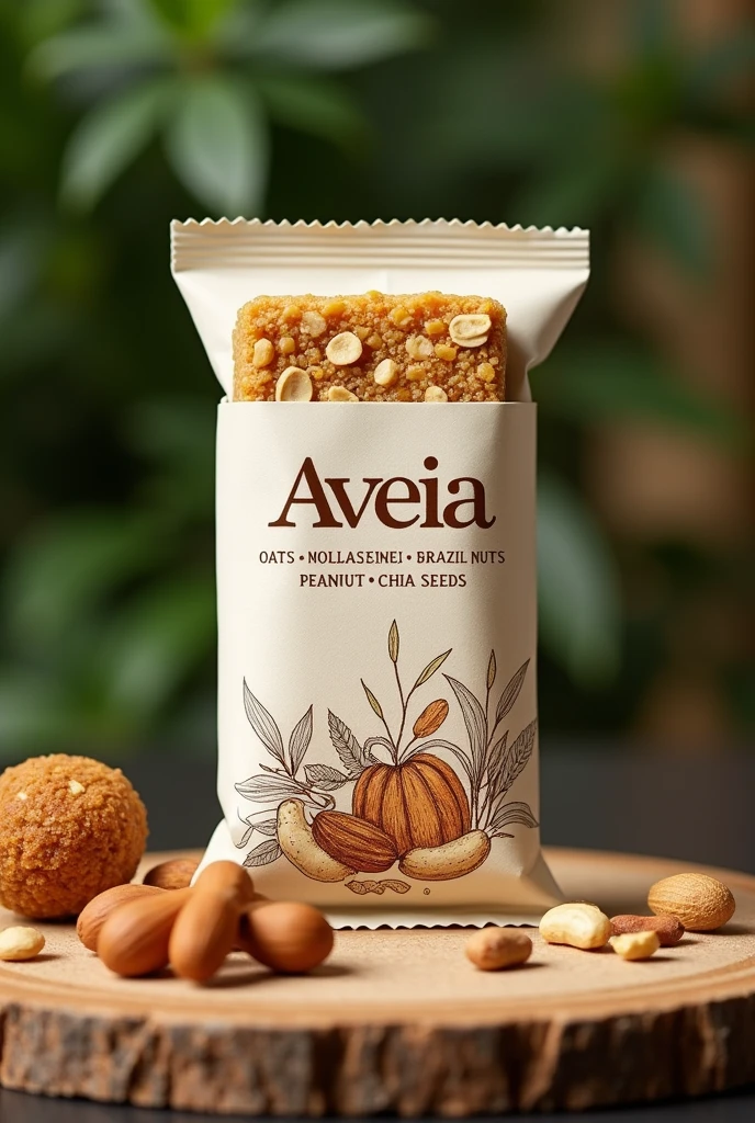 A label for a banana cereal bar, aveia, molasses, cashew nut, Brazil nut, peanut, chia and nuts. I need you to package this product.