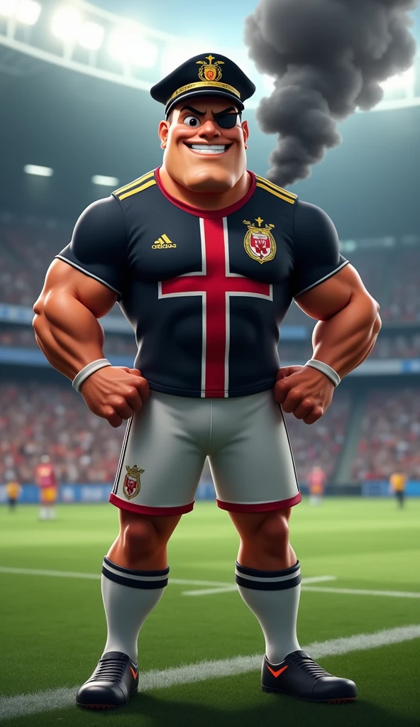 The mascot is an admiral, muscular, puffed-up chest, with an imposing appearance. He should be wearing a soccer uniform, a black shirt, with a white crossband, over the band a thick red Maltese cross on the chest, white shorts and socks, with a black admiral's hat with a thick red cross on the straight sides in the front. The admiral should be posing with a confident and friendly expression, wearing a black eye patch, raising one arm, in a soccer stadium with fans in the background, black smoke rising into the air.