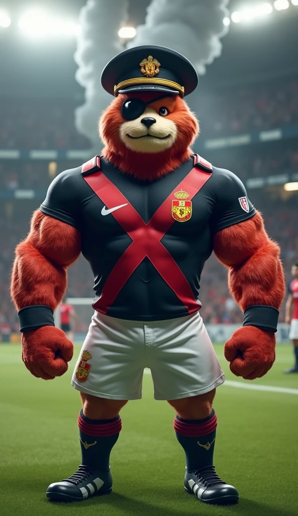 The mascot is an admiral, muscular, puffed-up chest, with an imposing appearance. He should be wearing a soccer uniform, a black shirt, with a white crossband, over the band a thick red Maltese cross on the chest, white shorts and socks, with a black admiral's hat with a thick red cross on the straight sides in the front. The admiral should be posing with a confident and friendly expression, wearing a black eye patch, raising one arm, in a soccer stadium with fans in the background, black smoke rising into the air.