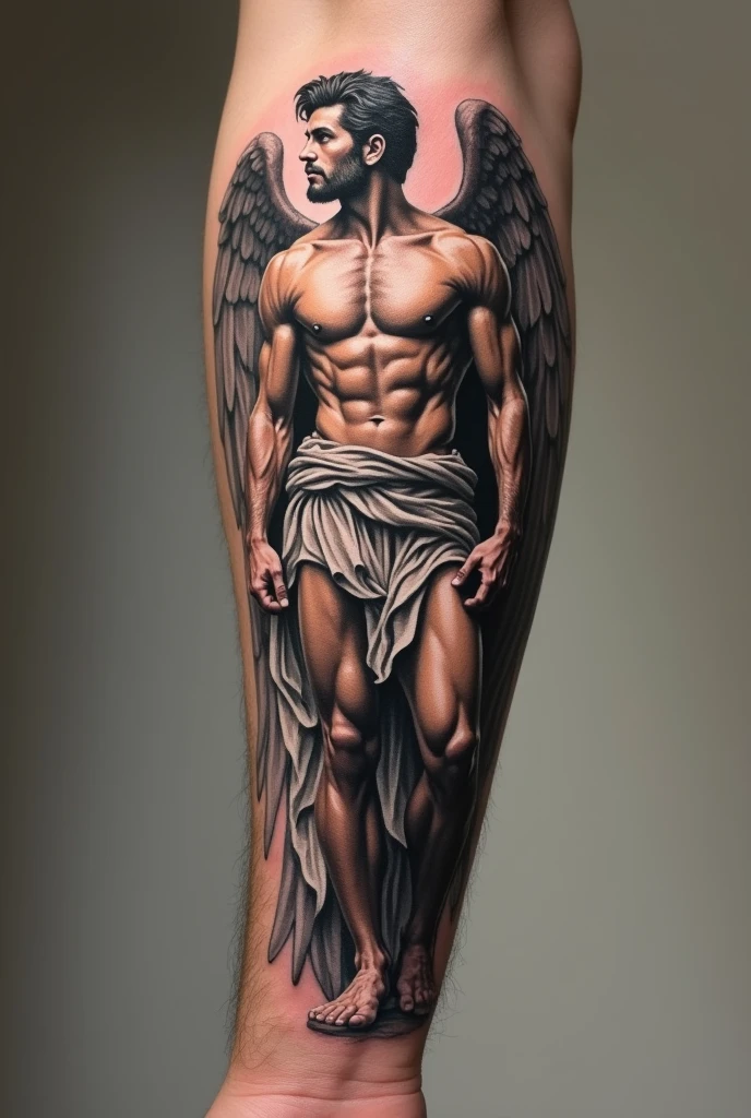 Forearm tattoo with male angelic figure, with an athletic body and the robes of Olympic gods, that demonstrates strength and balance