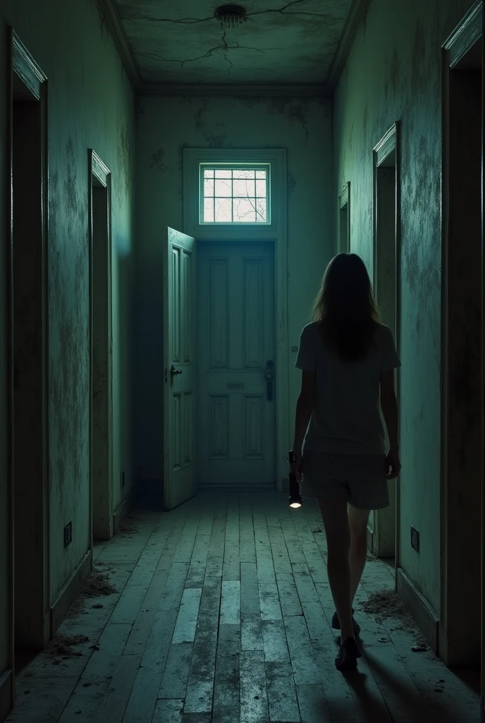 "The young woman walks slowly down a narrow, dark corridor, your footsteps echoing on the old, creaky wooden floor. The walls are worn out, covered in stains and cracks, with cobwebs in the corners. The air is heavy and cold, as if the house had been abandoned for many years. In front of her, the corridor splits into two directions, with two old wooden doors, one on the left and one on the right.
She stops in the middle of the hallway, watching the doors ahead. Both are half open, and from within them, only darkness lurks. The wood on the doors is old and peeling, and the sound of the weak wind passes through small cracks in the hallway windows. The young woman holds the flashlight steady, lighting the way, but what lies behind each door remains a mystery. She knows she will have to choose one of the paths, but the sense of danger is palpable."