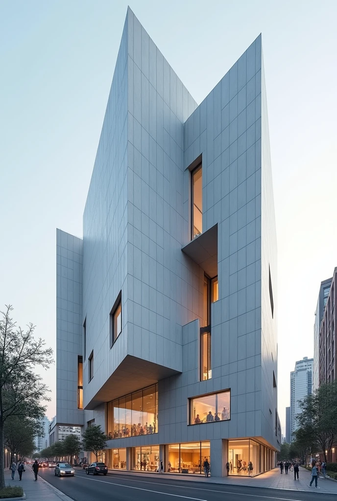 Create the front building design looking like geometric shapes