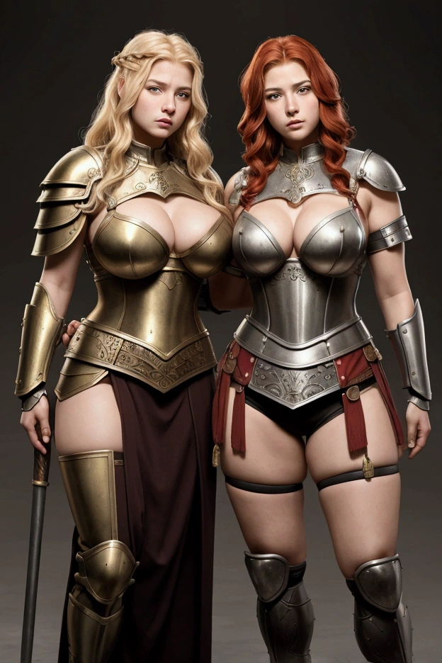 two females, sisters of different ages portrait, break: older sister detailed face, lesbians, redhead, , long hair, curvy, tall, warriors roman, roman empire, using sexy armor, determined, full body. break: middle sister detailed face, lesbians, blonde , long hair, curvy, tall, warriors roman, roman empire, using sexy armor, determined, full body.