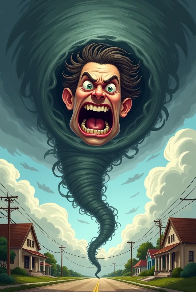 make a drawing in which there is a tornado and at its peak the anger comes out in a funny cartoon