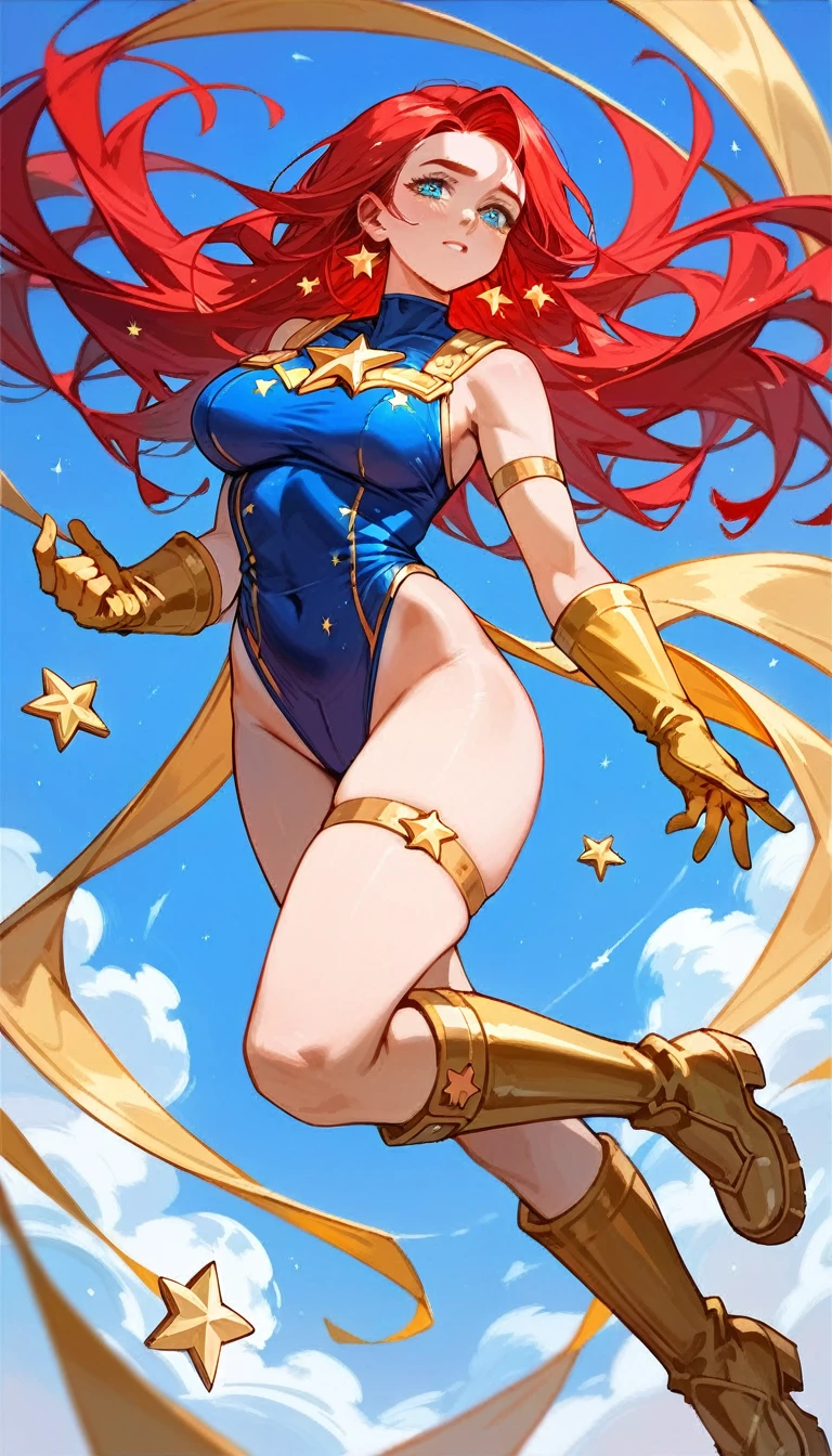 score_9, score_8_up, score_7_up, score_6_up, (((masterpiece))), (((Best Quality: 1.5))), Sexy, Superheroine, Red hair, long hair, busty, plump, curvy, ((blue highleg leotard with a t-back thong and a gold star insignia on chest)), gold boots, gold gloves