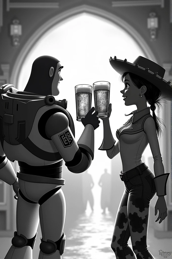 Dessin noir et blanc Buzz l'éclair et Jessie de dos entrain de trinquer avec une chope de bière 