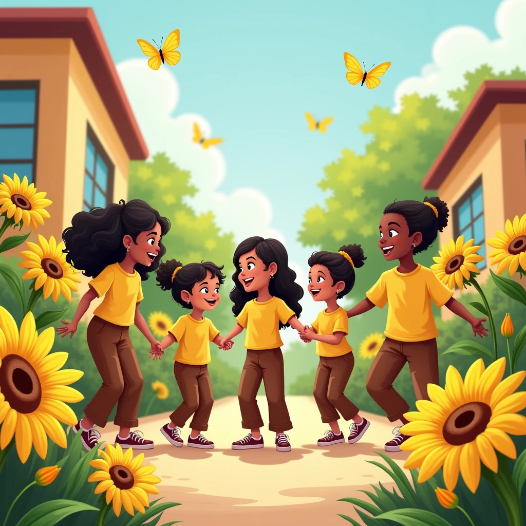 vectors, sunflowers, white girls, Dominican children, medium and small, long brown pants, yellow shirt, school, yellow butterflies