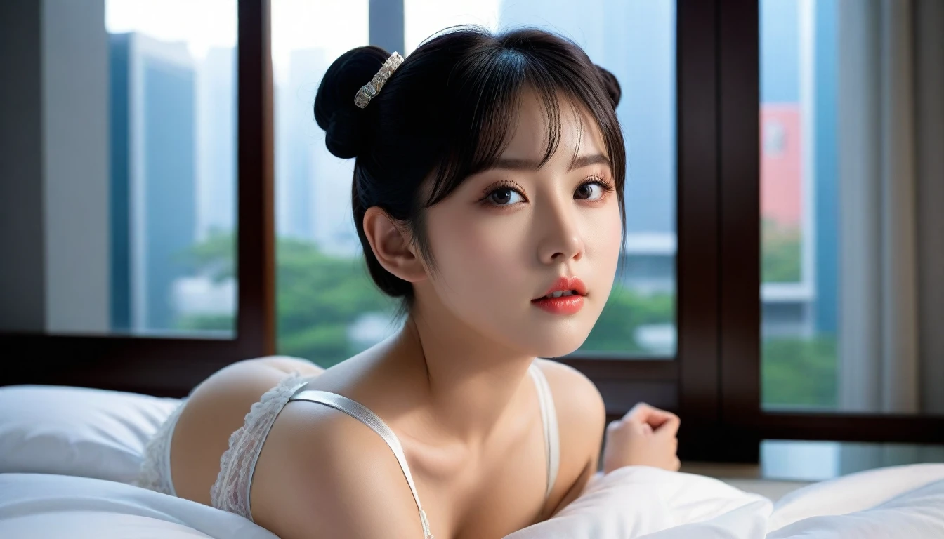 8k, Ultra-high resolution, Highest quality, masterpiece, 三分割法によるphotograph,Surreal, photograph, 1 , (:1.3), cute, cute顔, 細部までBeautiful Eyes, 細かくdetailedに,masterpiece,One Girl:1.2,Japanese women,Policewoman,upper body,glaring,Black short hair,Space buns,ID photo,(Lying in bed:1.2),超detailedな顔,非常にdetailedな唇,Standing by a large window letting light into the bedroom),(((Sheer garter belt, Standing by a large window letting sunlight into the bedroom))),Background of skyscrapers,(Beautiful attention to detail),Subtle details, detailedな顔,anger,Attractive eyes,(ポートレートphotograph:1.4),(Photorealistic images:1.4),Fantasy art,(Beautiful Face:1.4),美しくAttractive eyes、Beautiful Eyes,Silver residue,(Tight waist:1.4)、(Beautiful with perfect body proportions:1.4),Pink Lips,profile,(((Ideal body type))),A-cup small breasts :2,、Portraiture:2、Perfect Anatomy、鮮明なdetailed、detailed,Fashion magazine cover,Thin lips,完璧でBeautiful Face ,完璧でcute顔, Skin with attention to detail, Perfect limbs、Narrow waist,Surreal,Light and shadow,spotlight
