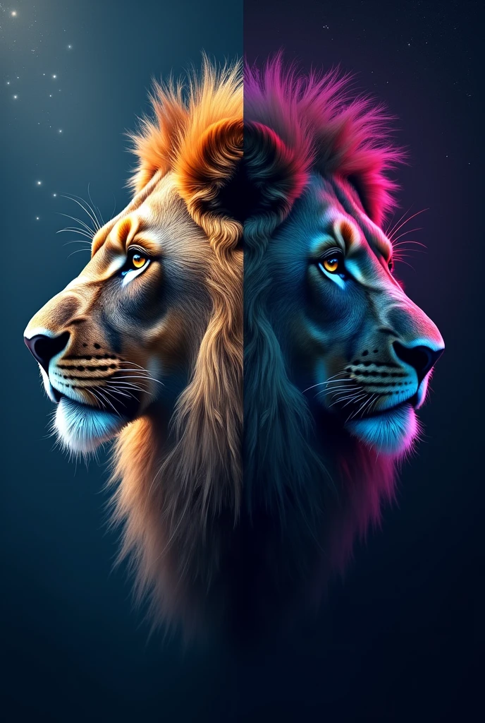 2 identical pictures, 1 image light background, 1 picture dark background, lion head, realisti, stars in the background, neon light, ​masterpiece, frontal image, 