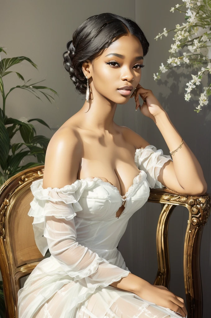 photo of a beautiful dark-skinned ebony woman in a white off-shoulder strapless dress sitting in a chair, elegant, feminine, very intense makeup