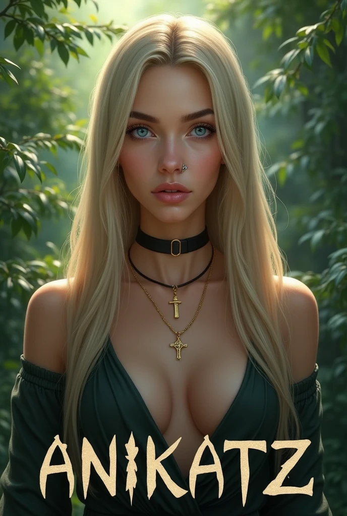 A natural environment. In the middle stands a pretty woman with long, straight blonde hair with brown hairline. She is wearing pink knee socks, blue eyes, Pink lips, a nose ring, a gold necklace with a cross pendant. Below it is written in capital letters Anikatz.
