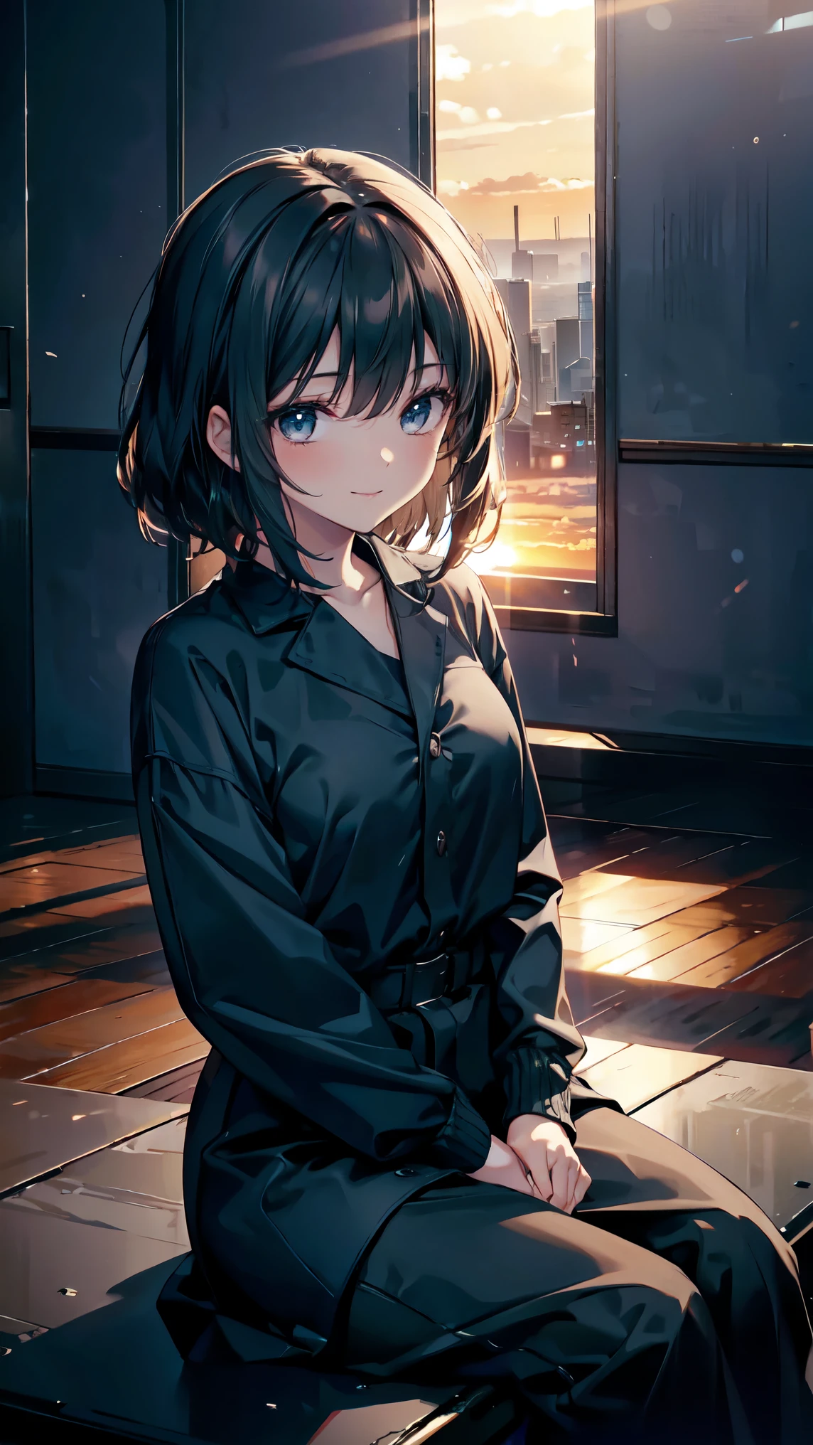 (Dark Scene, Soft lighting, High saturation):1.4, Vivid lighting, Captivating elegance, Atmospheric Depth, Amazing technique, Naturalistic representation, Harmonious composition, Creative refinement, A striking contrast,
(One girl, Young Beauty), Sitting, smile, View Viewer, From above, Sharp focus,
((sunset)),Volumetric Fog, Outdoor, Backlight, 8k
