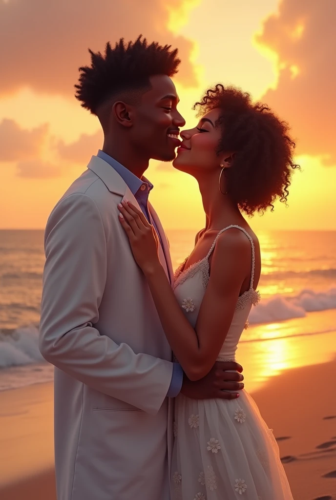 a dark-skinned pharmacist, 3 tall and smiling appearance with beautiful curly wavy hair short
, next to a 20 year old with curly hair, dark skin brown eyes, short-hair, in a white daisy dress at sunset on the beach kissing
 