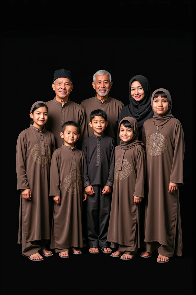 studio photo of a young family of 9 people, father, mother and children wearing Muslim clothes with the same motif, 90 year old father wearing a black cap, 80 year old mother wearing a hijab, 5 son, 50 year old son, son 4 man, 40 year old boy, 4 girl wearing hijab, 4 girl wearing hijab, 4 girl wearing hijab, black background