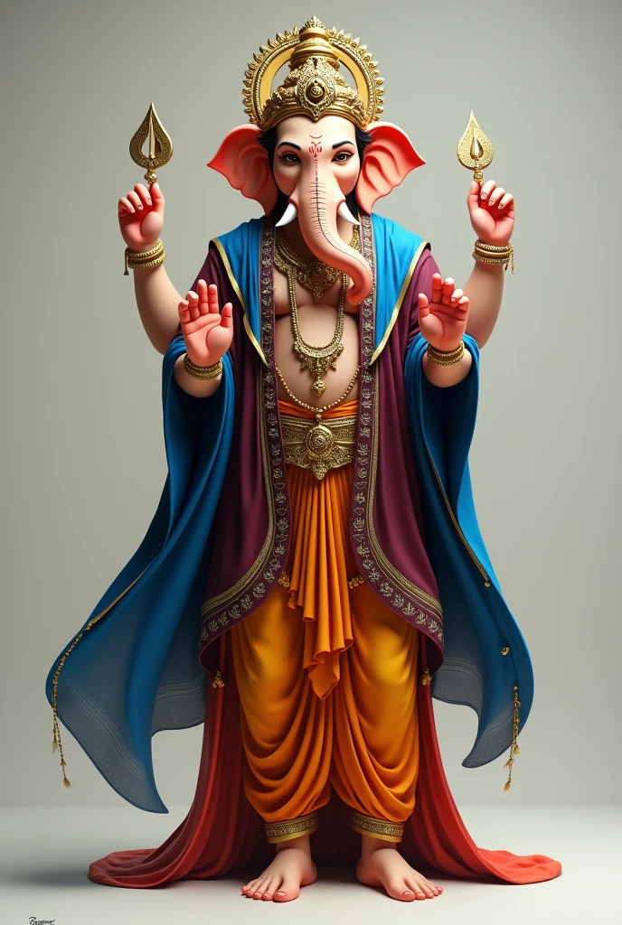 Generate a photo of Ganpati with clothes of deep maroon royal blue and dhoti should be of orange or yellow colour put some golden beads also cover the edges of the clothes with golden strip or silver strip 