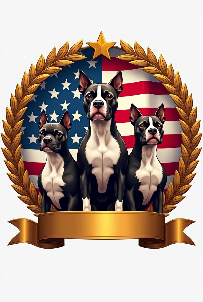 Logo 3 sztuki American Staffordshire Terrier , na tle flagi USA , w zlotym ogregu zdobiony zlotymi gwiazdami . Pod spidem zlota szarfa bez napisow