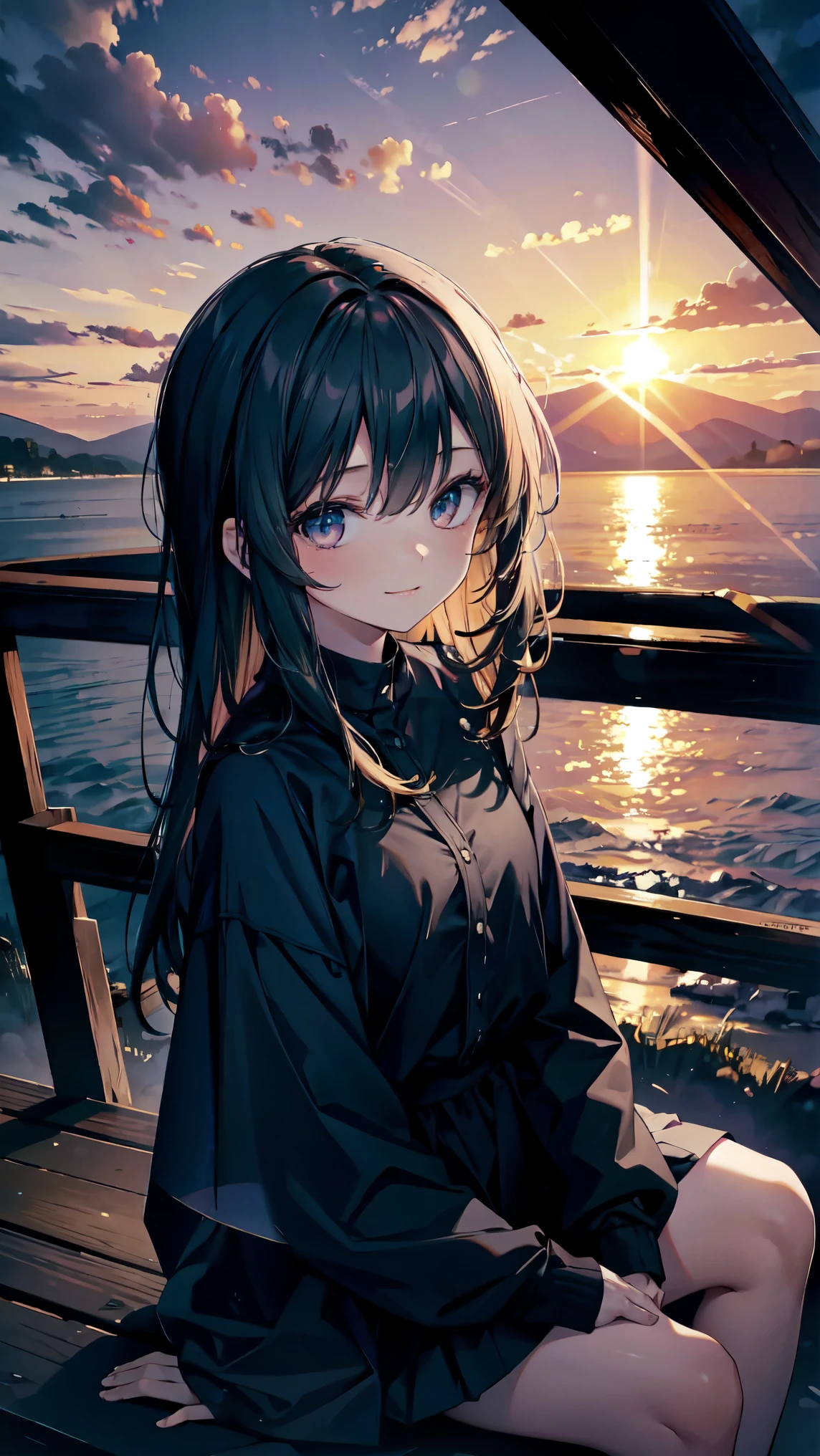 (Dark Scene, Soft lighting, High saturation):1.4, Vivid lighting, Captivating elegance, Atmospheric Depth, Amazing technique, Naturalistic representation, Harmonious composition, Creative refinement, A striking contrast,
(One girl, Young Beauty), Sitting, smile, View Viewer, From above, Sharp focus,
((sunset)),Volumetric Fog, Outdoor, Backlight, 8k