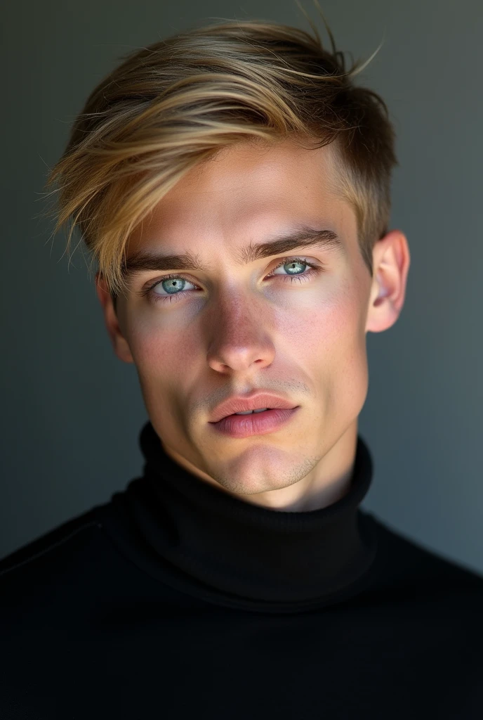 portrait of a man, 2, ((short medium faded straight blonde hair), blushing, looking at the camera halfway, professional photography, ultra sharp focus, very handsome, blue eyes, pale skin wears a black turtleneck