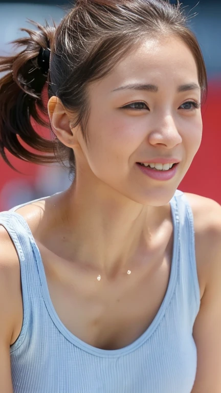 One Japanese person,Mother,40 years old,breast enhancement、Shooting from the front、(Realistic facial wrinkles)、(Wrinkles around the eyes:1.2),(Tear bags),Athletics Stadium、Turn to me and smile、Watching the audience、(Wearing a competition tank top:1.4)、1 Japanese person、housewife、40 years old、Symmetrical eyes、Whole Body Ezbian、(Realistic facial wrinkles:1.2)、Brown eyes、(Hair all back、ponytail:1.2)、Brown Hair、Sweaty face、Dripping Sweat、Wet Hair、Sweat stained clothes、(Perfect limbs)、(Beautiful big boobs、Narrow waist)、uhd、masterpiece、Ultra-detailed、Highest quality、16K