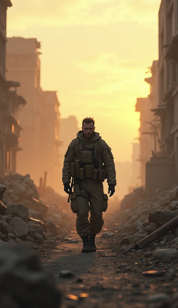 "Design an image of a soldier walking alone on an empty battlefield after combat, surrounded by the ruins of destroyed buildings and lingering smoke from small explosions. His expression is reflective, as if he's contemplating everything he's been through. The scene is desolate, but the soft light from the setting sun gives a sense of closure and resilience, suggesting the end of a long battle."