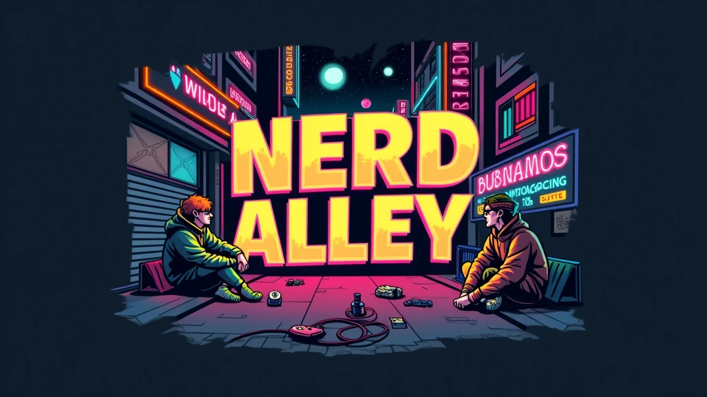 fund: A street scene illuminated by neon lights, with tall buildings and illuminated signs displaying names and pop culture elements.
texto: At the center, the phrase stands out "NERD ALLEY" em letras grandes e brilhantes, with a pink neon appearance, surrounded by geometric shapes and icons that refer to technology.
Personagens: Two figures sitting on a sidewalk, with styles that express a nerdy look, like colored hair and casual clothes. They are surrounded by technology equipment, such as video game consoles and monitors.
colors: The color palette is rich in shades of pink, blue and purple, creating a strong and attractive contrast that evokes a sense of nostalgia and modernity.
Additional Elements: There are objects like cables, joysticks and other gadgets scattered across the floor, complementing the technological theme of the image.