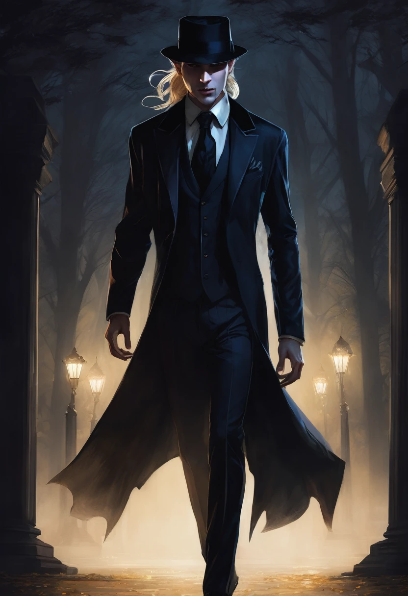 (good quality), (many details), (masterpiece), Charlie Bowater style, Vampire at night in the park, Gloomy aura, Shadows gather behind him, fedora, blond hair, angular face, suit, dark night, Shadow tentacles come to life behind his back