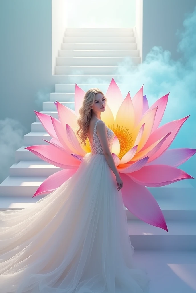 running on clouds, background color pale blue in the distance from the fog around and at the feet, minimalist, elegant, pure gentle, soft rainbow light, photorealistic. Giant Rainbow Lotus , with huge and long rainbow petals. (petal made of thin and soft tulle, flowing petals full background, floating petals, hyperflying petals, at the feet A mix of rainbow smoke and fog effects from colored rainbow fog on the ground and petals). Extravagant, beautiful woman full length, nice legs,shoes, in a fast dance in a flying pose, (Ultra detailed face, hyperrealistic) позирую Giant Rainbow Lotus , center of rainbow in photo, woman looking at viewer, разрешение 8 K, masterpiece, top quality, the skirt flutters strongly in the wind,Tyndall phenomenon，white staircase to heaven, beautiful blonde, Best quality, super detailed, valid,professional，white fluffy lace wedding dress， extravagant development is strong, lots of lace on the dress, train,Rows of pale pink and violet rays, cloud, light multi-colored fog，White minimalist, partial reflection，Desktop wallpaper，Love is light, 8 K,12K,