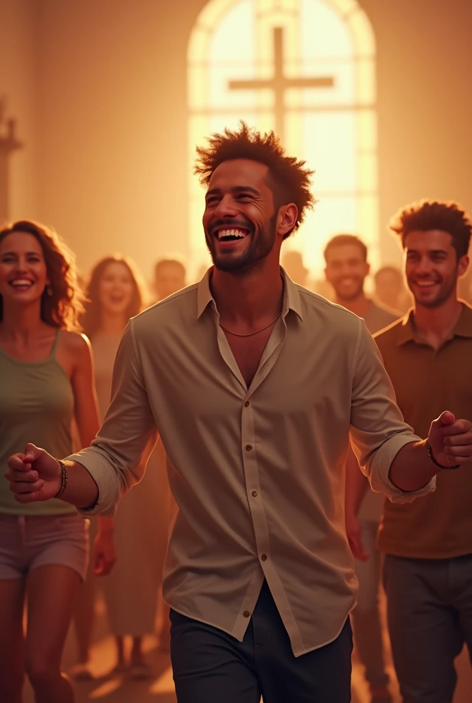 Un jeune homme qui est heureux qui danse avec ses amis d’eglise