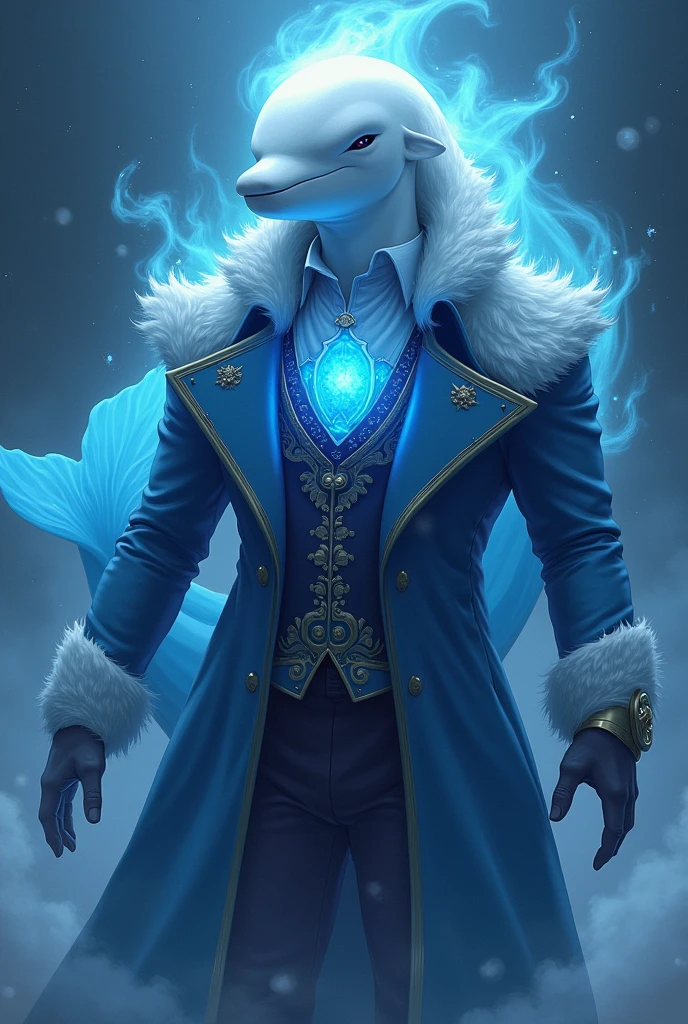 A unique being with a beluga whale's head and a tall, muscular human body. His skin is smooth and white like a beluga's. He wears a blue Victorian-era coat with gold details, and a glowing blue jewel on his chest shines like stars in the ocean's depths. His eyes, filled with blue magic, glow like the night sky. A large beluga tail extends from his lower back, and powerful water magic swirls around him, enhancing his mystical presence. Anime style
