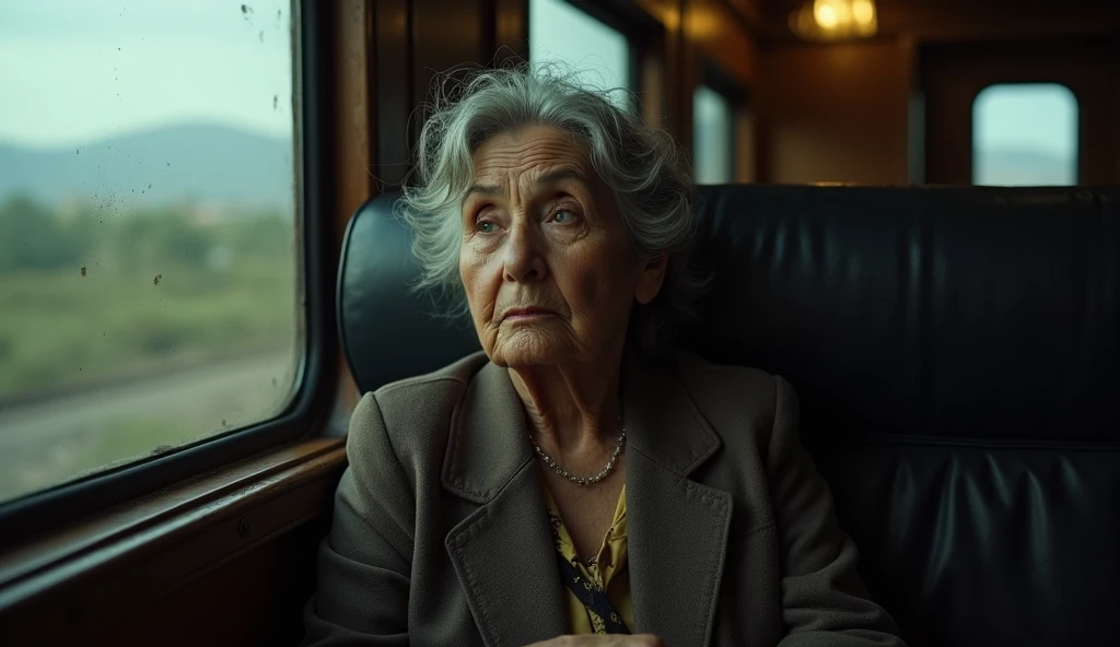 A Mexican woman of about 60 years old looks thoughtful inside a train 
