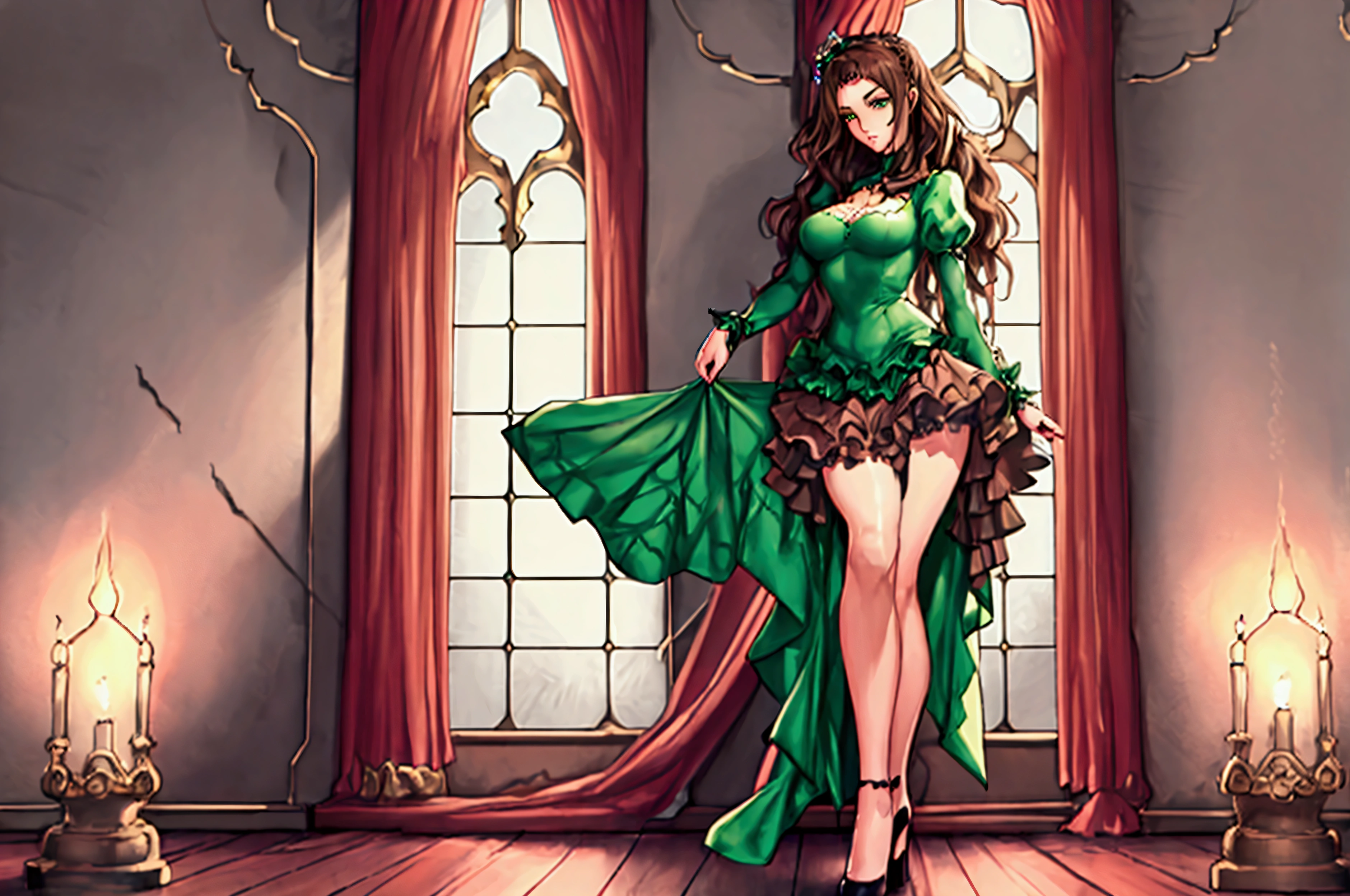 Highest quality, masterpiece, 8K, anime, 1girl, princess in gothic dress in palace, High resolution, full body shot, very light brown hair, emerald green eyes, dark makeup, high heel shoes, bare legs, large breasts, standing pose, ruffled skirt, large thighs, beautiful face, kind expression