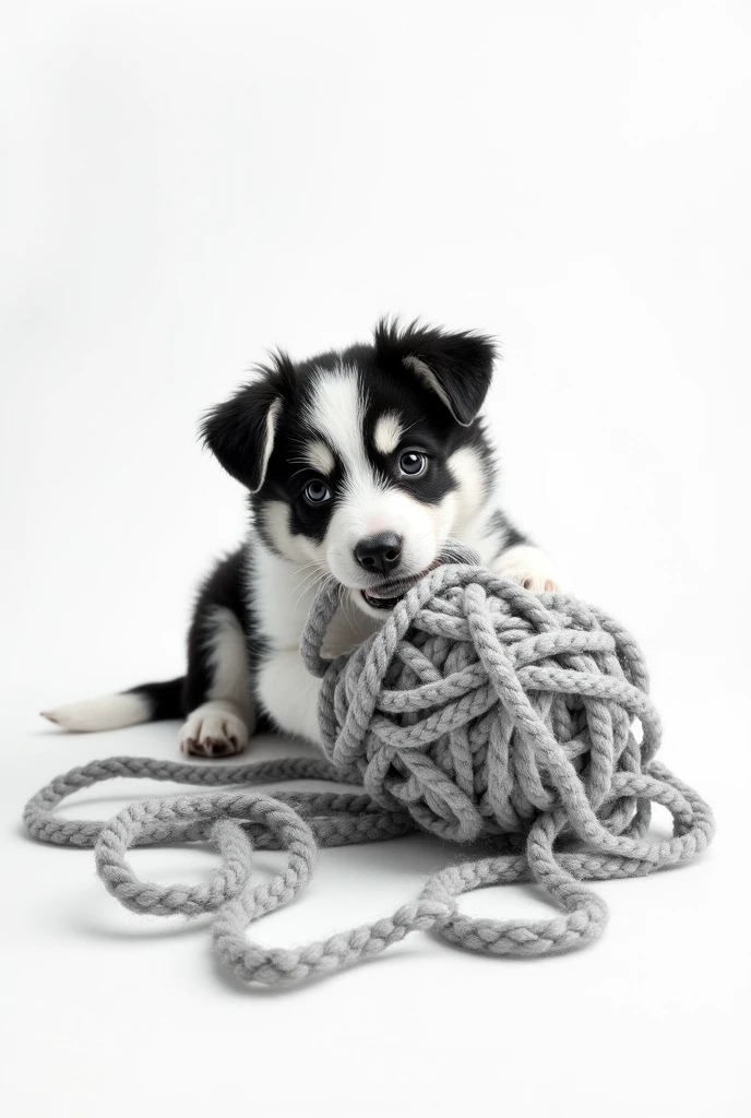 Black and white puppy playing with knitting wool No background