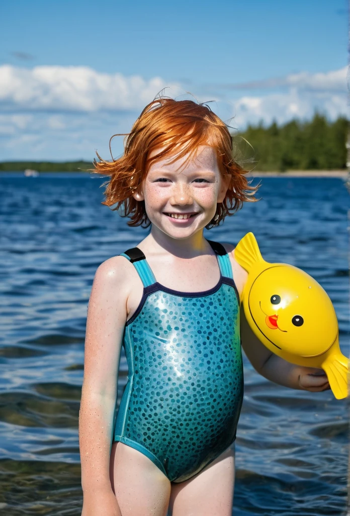 Happy skinny scuba diver sweden young kids with short ginger hair, dressed in a wet-lin light swimsuit, happy to show her, on a scorching summer day, in the lagoon under vater with kids toys.Cheveux Longs,